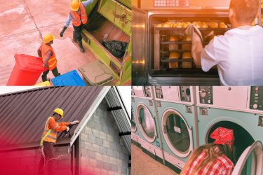 Four images of workers in hot environments: sanitation workers loading a trash truck, a baker removing rolls from a commercial oven, a roofer using a power tool while working on a roof, and a worker in a laundromat looking inside a machine