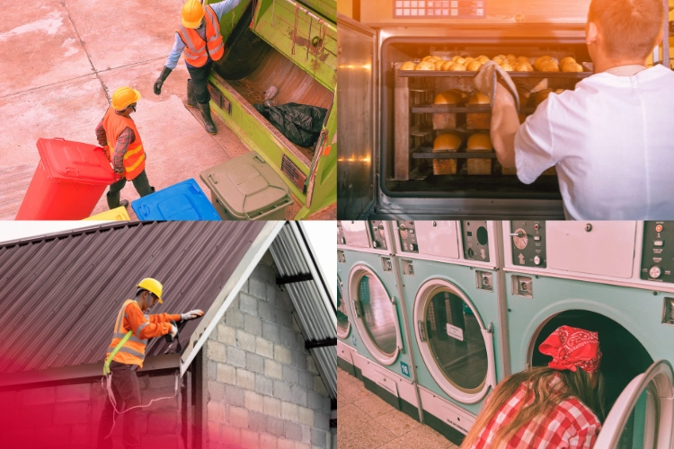 Four images of workers in hot environments: sanitation workers loading a trash truck, a baker removing rolls from a commercial oven, a roofer using a power tool while working on a roof, and a worker in a laundromat looking inside a machine