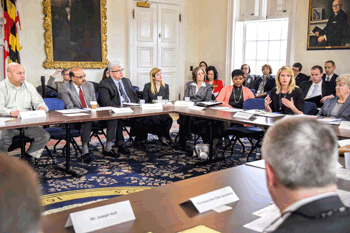 Secretary Schulz addresses the Governor's P-20 Leadership Council in February, 2016 in the Governor's Reception Room