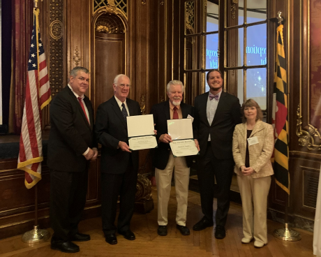 Edward A. Hubner, PE, Judi Miller, ARRA, and Andrew Brown, PE, President, MDSPE, proudly recognize Christie Society inductees Mr. Denis J. King, PE (Emeritus) and Mr. Ronald Gary Lepson, PE (Emeritus). This citation celebrates engineers who have upheld their professional engineer licenses for 50 years, acknowledging their unwavering dedication and long-standing commitment to the field of engineering.