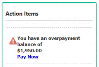 Screenshot of the Maryland Unemployment Insurance Portal (BEACON) website page that displays if you have an overpayment balance. 